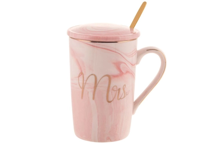 Чашка фарфорова з кришкою і золотою ложкою Mrs 420 мл рожевий мармур 984-205