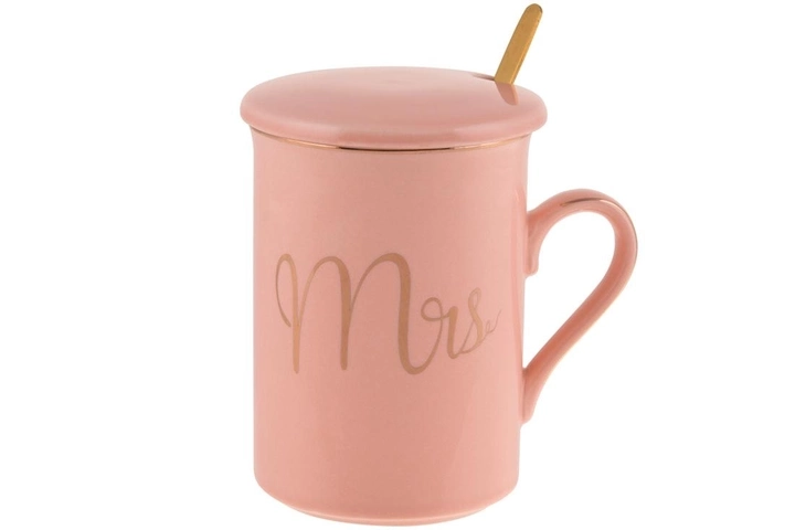 Чашка фарфорова з кришкою і золотою ложкою Mrs 380 мл рожевий 984-211