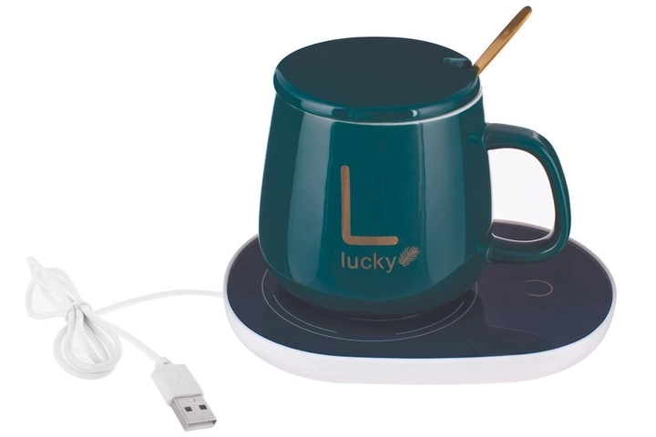 Чашка фарфорова Lucky з кришкою і ложкою 400 мл на блюдці для підігріву 984-215