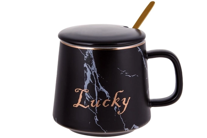 Чашка фарфорова Lucky з кришкою і ложкою 400 мл чорний мармур 984-217