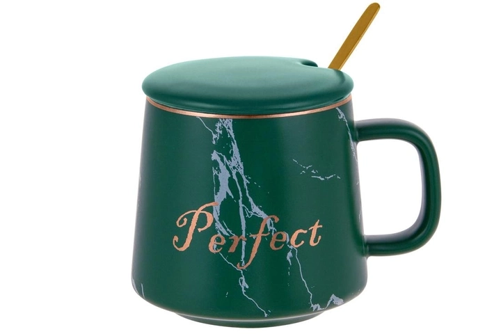Чашка фарфорова Perfect з кришкою і ложкою 400 мл зелений мармур 984-218