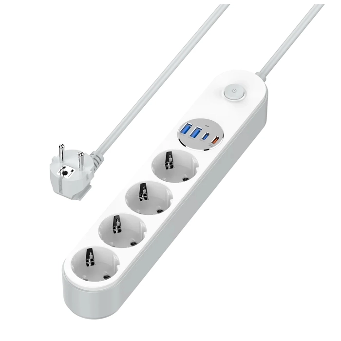 Мережевий фільтр-подовжувач СolorWay 4 розетки/4USB (Type-C 2PD20W + 2USB QC3.0) (20W) White 2M CW-C