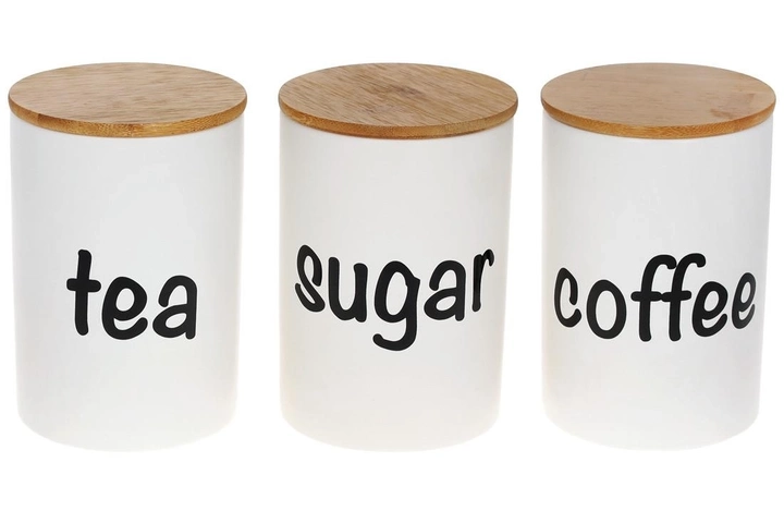 Набір керамічних банок 3 шт 650 мл з бамбуковими кришками Sugar Tea Coffee білий 304-942