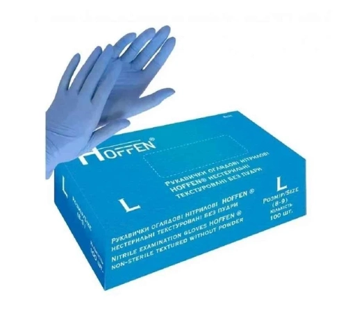 Рукавички оглядові нітрилові Hoffen неприпудрені блакитні L 50 пар