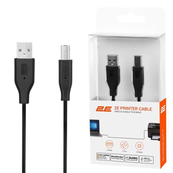 Кабель USB-A > USB-B синхронізації 2E 1.8м, чорний