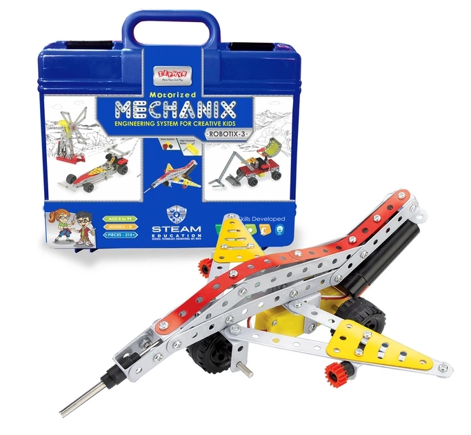 Металевий конструктор з електромотором у пластиковому кейсі Robotix №3 215 елементів-8 моделей