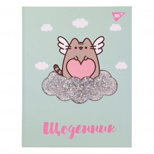 Щоденник шкільний YES твердий Pusheen софт-тач, обємній бейдж із срібним глітером