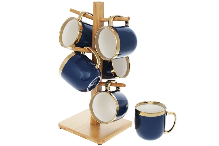 Набір чашок Bona Di Золота лінія 320мл на бамбуковій підставці 6 шт темно-синій 905-227