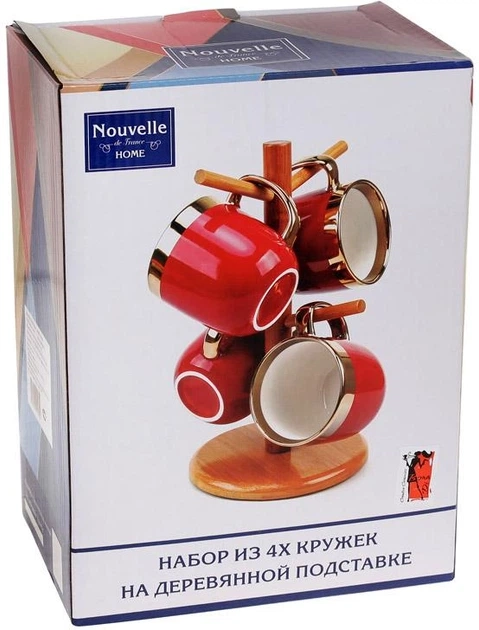 Набір чашок Bona Di Золота лінія 320мл на бамбуковій підставці 4 шт пудровий 905-231 — фото 2