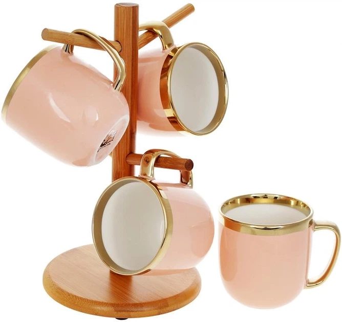 Набір чашок Bona Di Золота лінія 320мл на бамбуковій підставці 4 шт пудровий 905-231