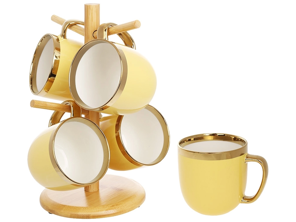 Набір чашок Bona Di Золота лінія 320мл на бамбуковій підставці 4 шт жовтий 905-259