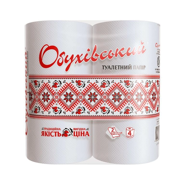 Туалетний папір целюлозний 2-шаровий Обухівський 4рулони на гільзі білий