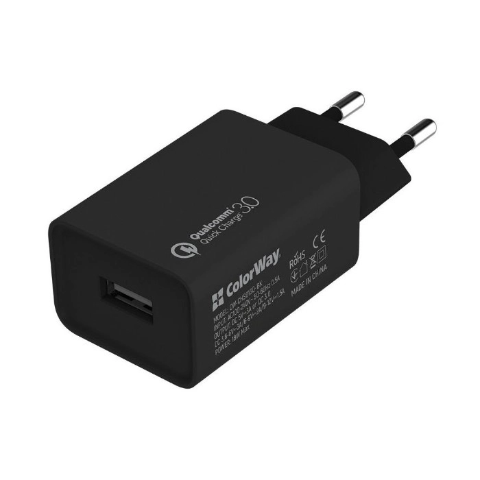 Зарядний пристрій ColorWay 1USB Quick Charge 3.0 (18W) black + cable micro USB (CW-CHS013QCM-BK) Зарядний пристрій ColorWay 1USB Quick Charge 3.0 (18W) black + cable micro USB (CW-CHS013QCM-BK)