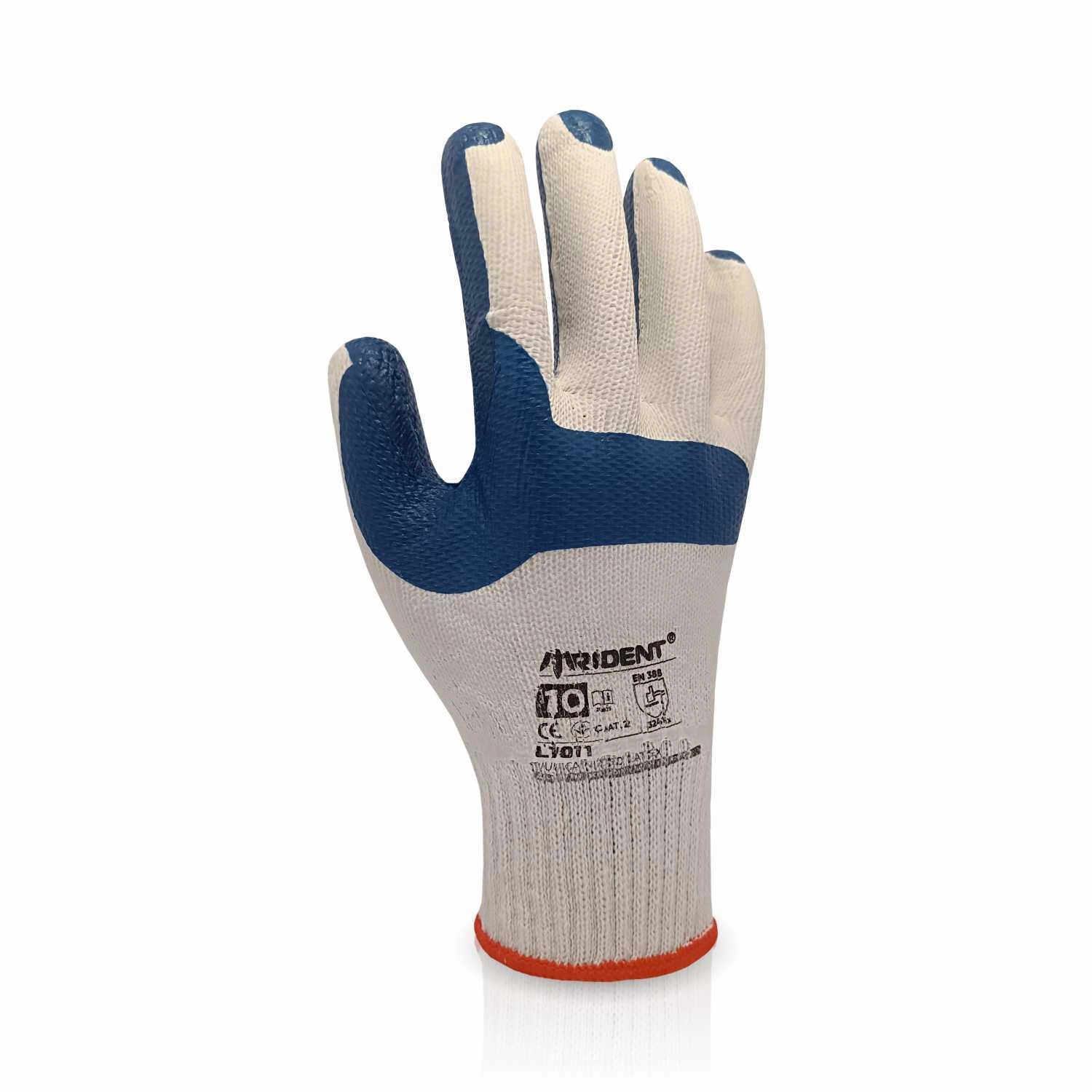 Рукавички трикотажні білі з синім покриті вулканізованим латексом р10 TRIDENT L1011