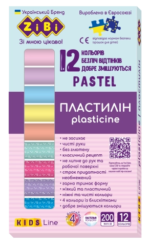 Пластилін PASTEL 12 кольорів 8 пастель та 4 глітера KIDS Line 200г ZB.6240