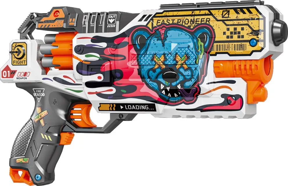 Іграшковий пістолет автомат. барабан на батарейках з м`як. набоями Шалене Ведмежа  34х21см