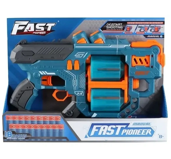 Іграшковий пістолет мех. з подвійним барабаном та м`як. набоями Синій 31,5 х 18,5см