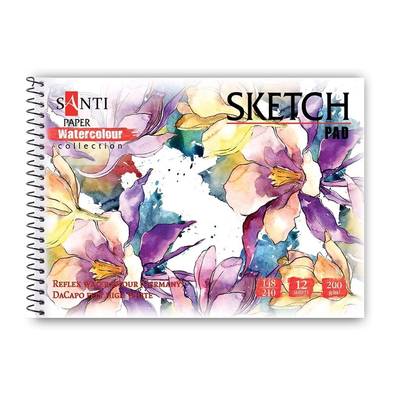 Скетчбук для акварелі А5 Santi Flowers Paper Watercolour Collection 12 аркушів 200 г/м2 130496