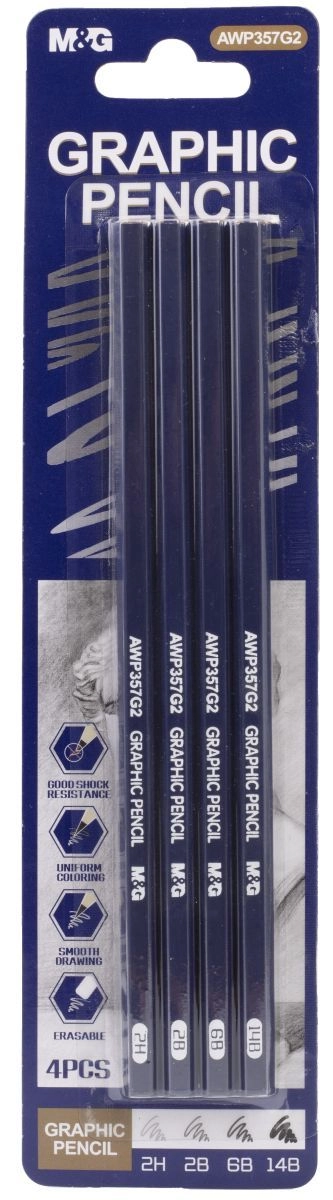 Набір олівців чорнографітних M&G 4шт 2H,2B,6B,14B AWP357G2