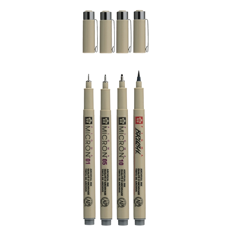 Набір лінерів PIGMA MICRON 4шт, лінер-пензель Pigma Brush, Сірий, Sakura