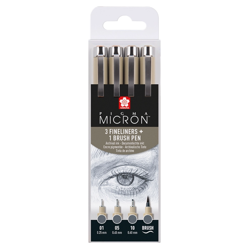 Набір лінерів PIGMA MICRON 4шт, лінер-пензель Pigma Brush, Сірий, Sakura