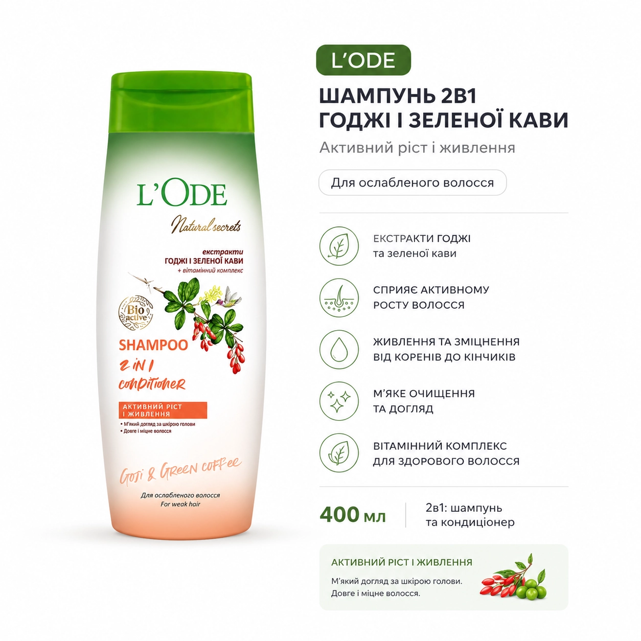 Шампунь Lode екстракти годжі і зеленої кави 400 мл Шампунь Lode екстракти годжі і зеленої кави 400 мл