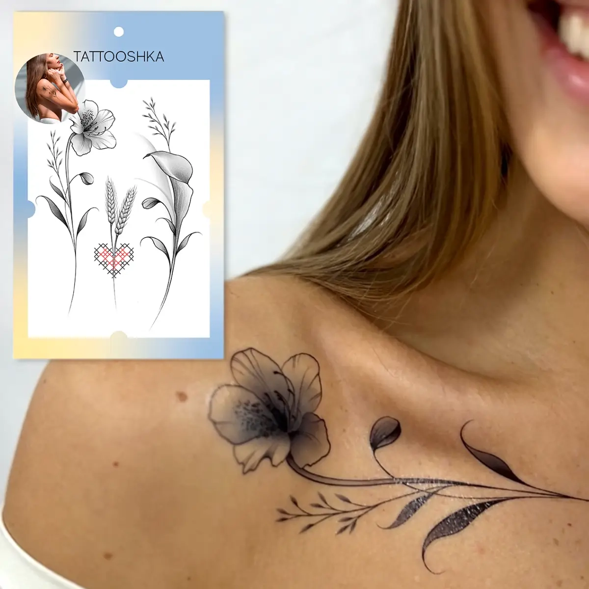 Тимчасове тату Tattooshka набір Українські квіти із вишиванкою LB-143