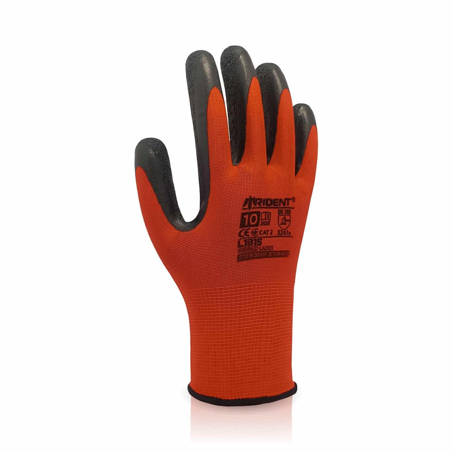 Рукавички поліестерові червоні з чорним покриті рифленим латексом р10 TRIDENT L1315-10