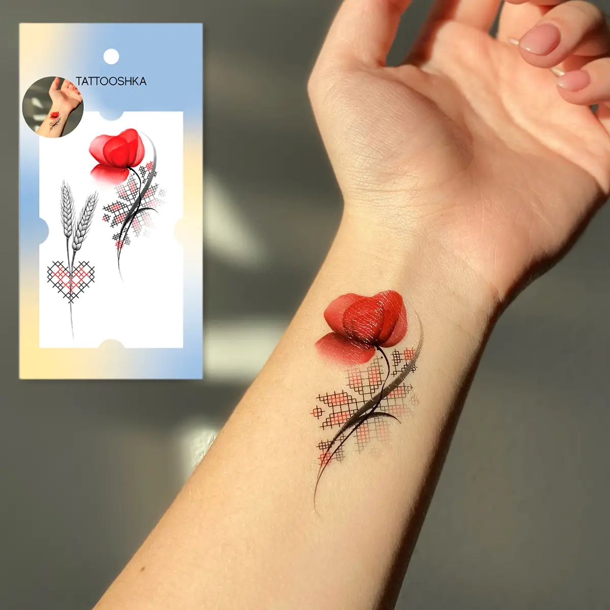 Тимчасове тату Tattooshka набір Український мак із вишиванкою L-56