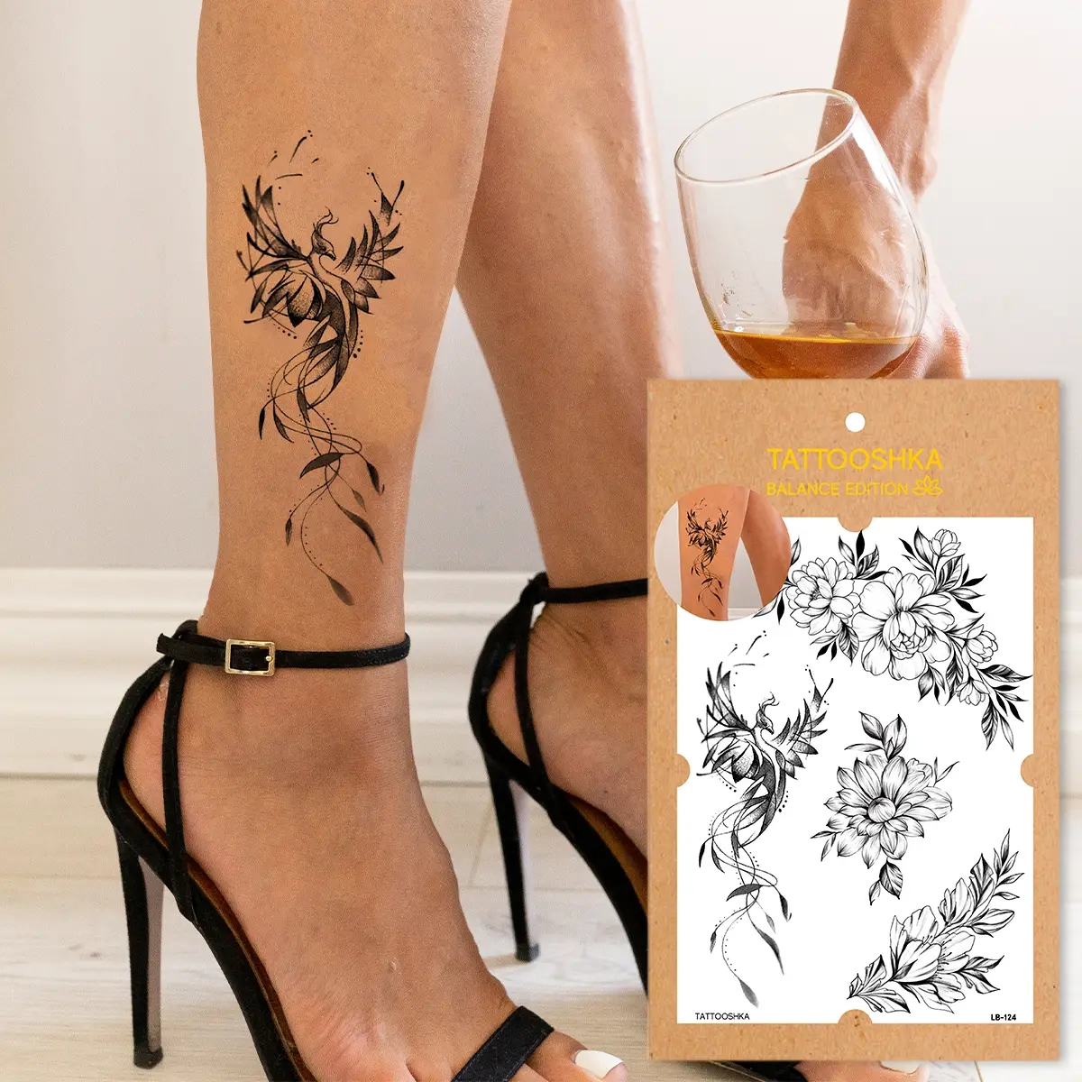 Тимчасове тату Tattooshka набір Квіти і фенікс LB-124