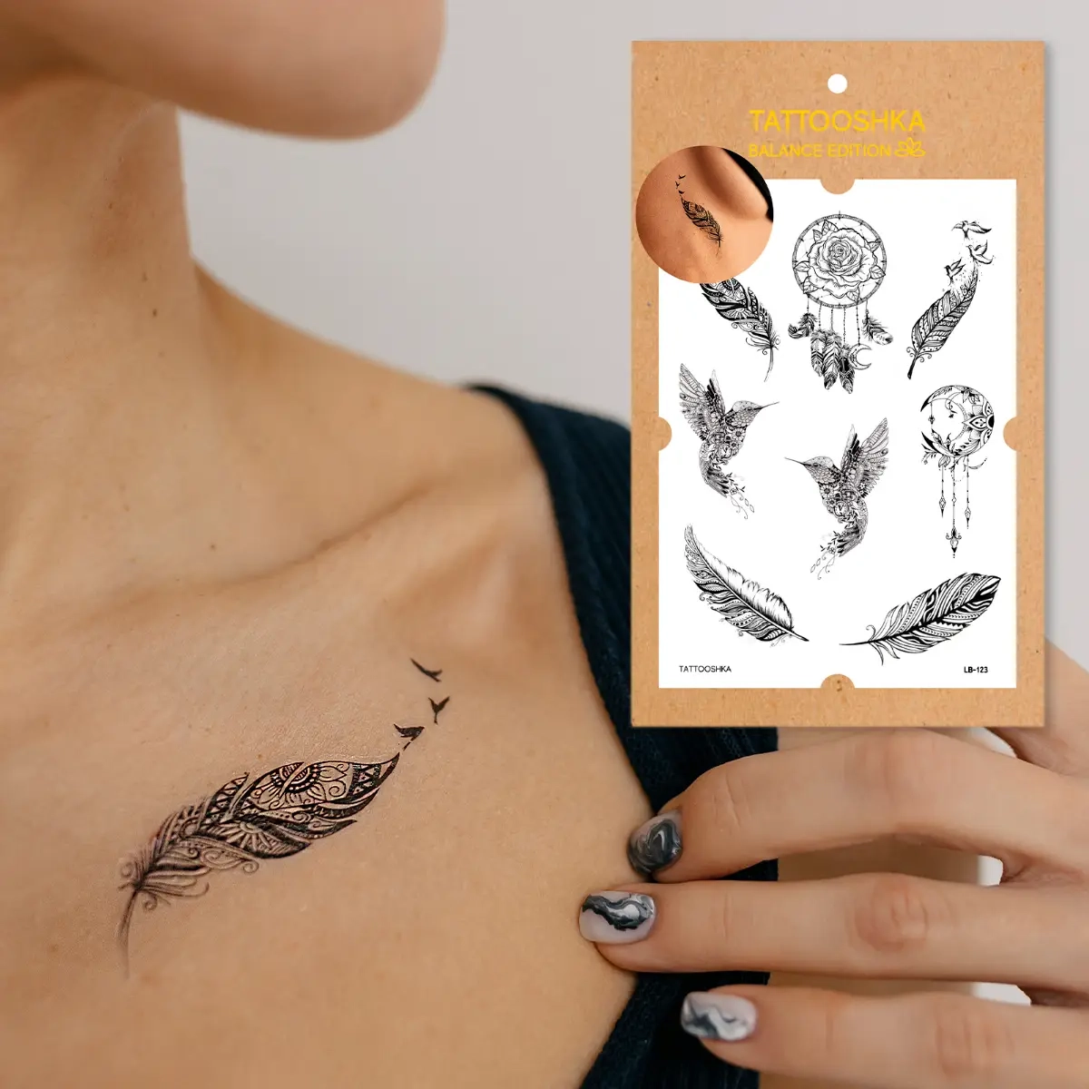 Тимчасове тату Tattooshka набір Пера з мандалами LB-123