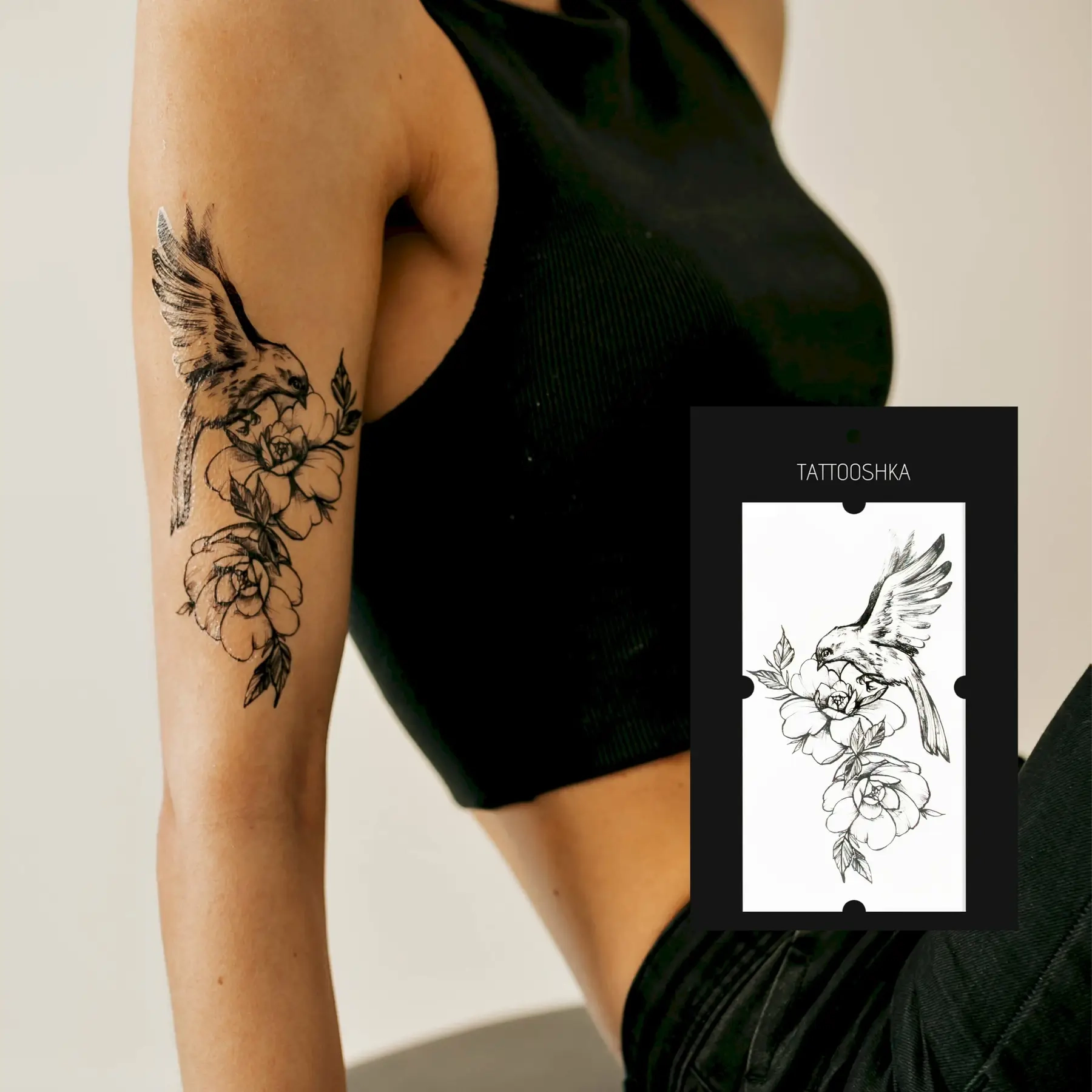 Тимчасове тату Tattooshka Квіти з птахом QC-909
