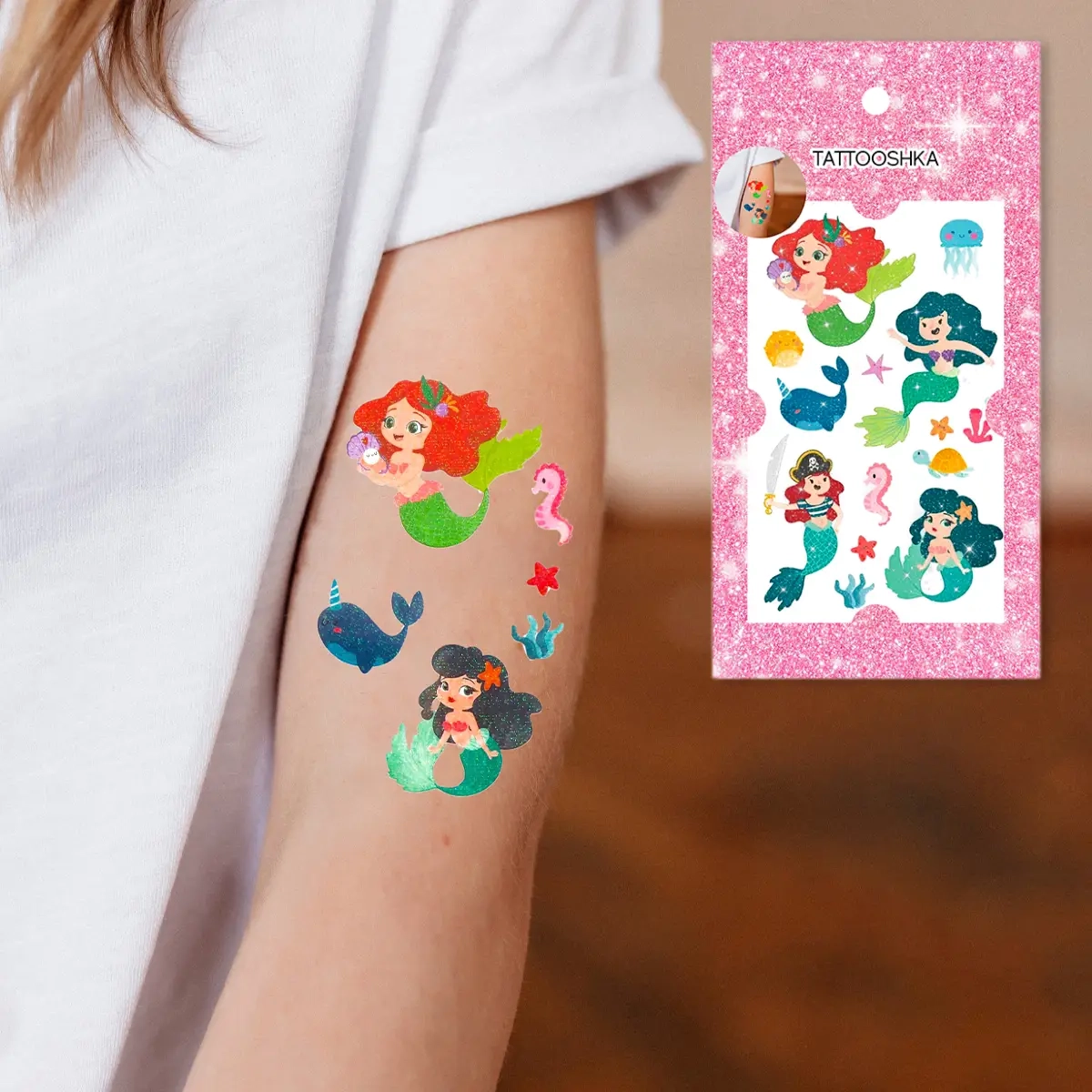 Тимчасове тату Tattooshka набір Русалочки з блискітками WS-E046