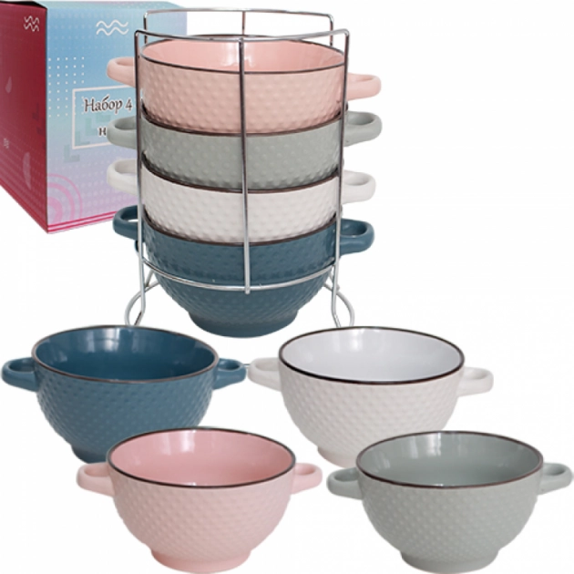Набір 4 миски з ручками на стійці Dots 680мл 054-04-08