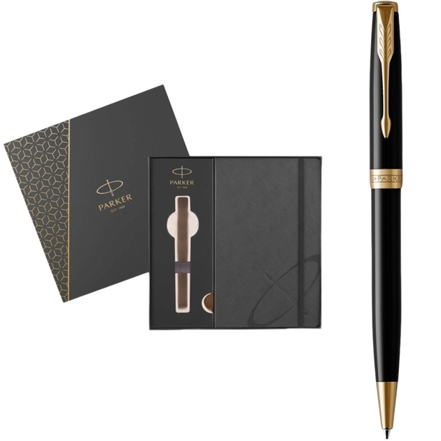 Набір подарунковий Parker Sonnet 17 Black Lacquer GT BP Блокнот Parker Gift24 86 032b24