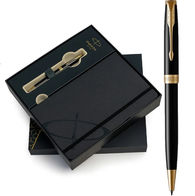 Набір подарунковий Parker Sonnet 17 Black Lacquer GT BP Блокнот Parker Gift24 86 032b24