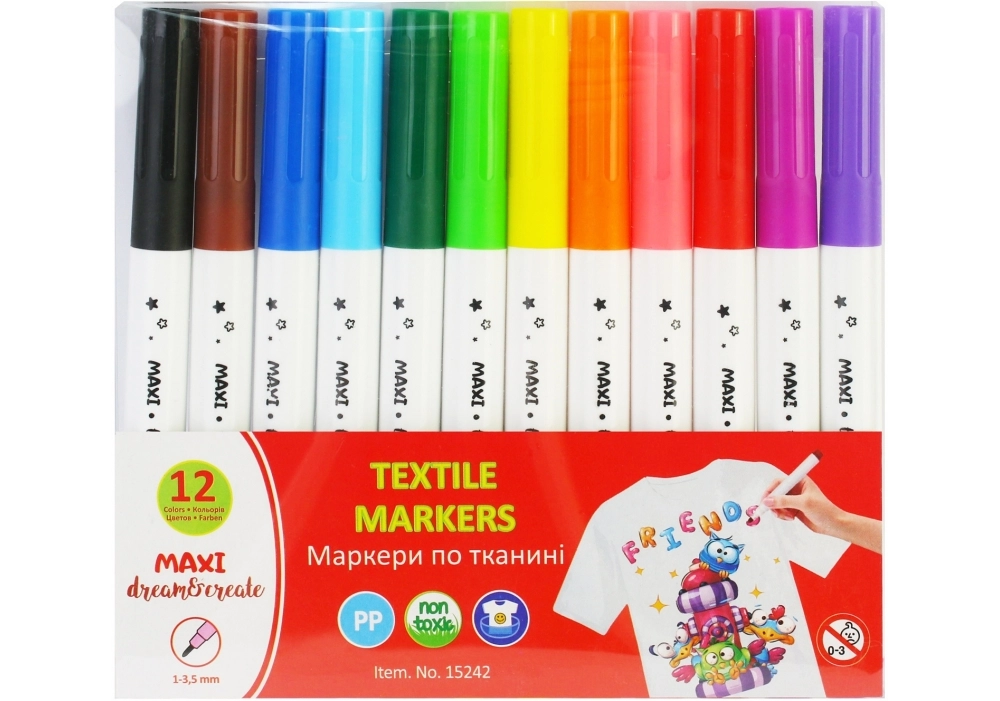 Скетч маркери по тканині що не змиваються MAXI 12 кольорів MX15242