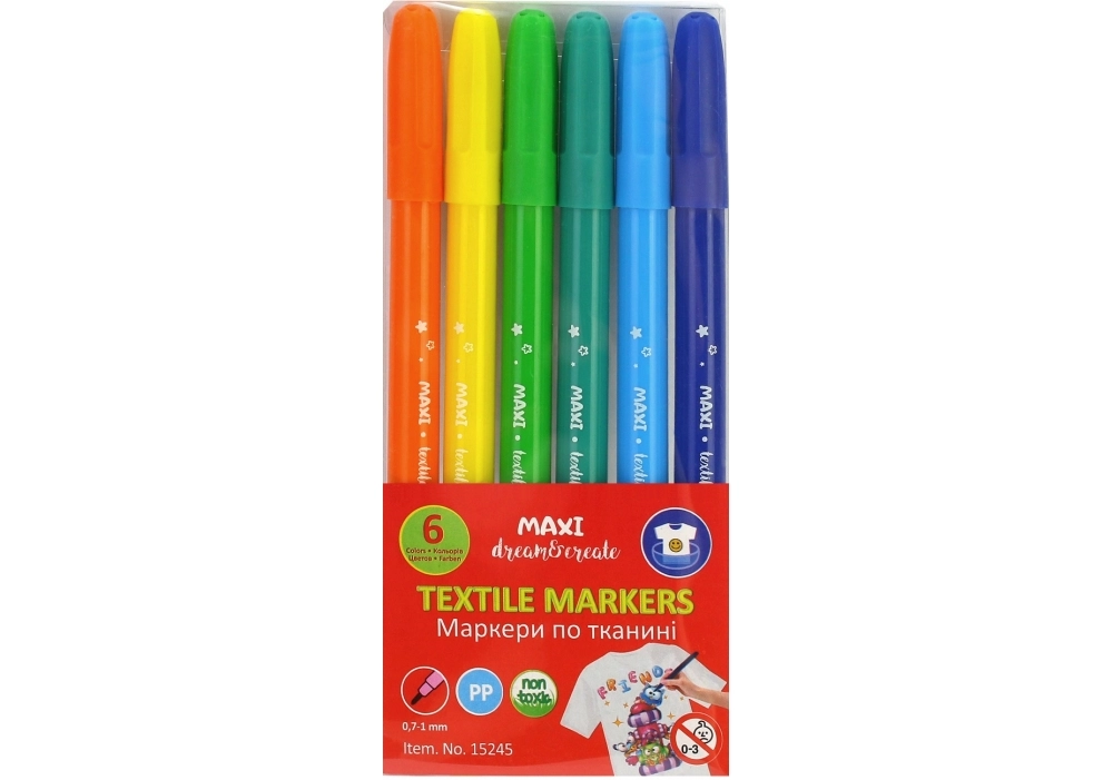 Скетч маркери по тканині що не змиваються MAXI 6 кольорів MX15245