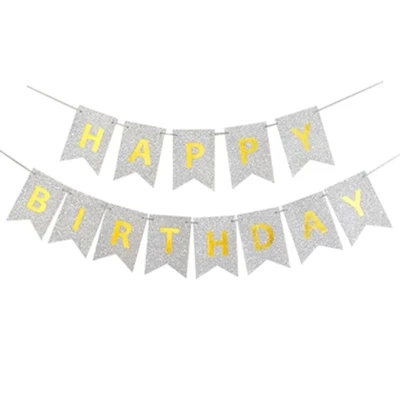 Розтяжка з прапорців Happy birthday 12х16см-5м срібна 13022-2
