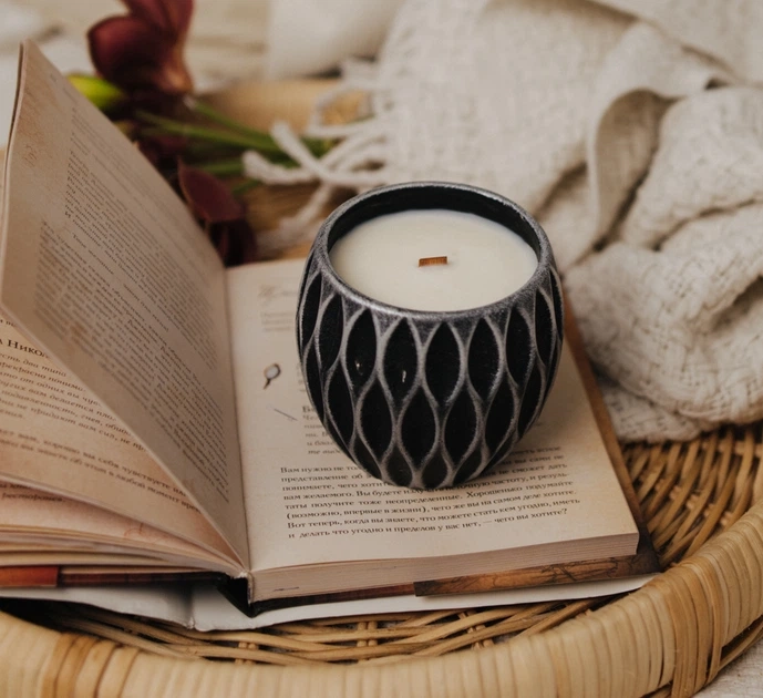 Свічка парфумована RELAX CHERRY BLOSSOM BLACK-SILVER 100% WOOD WAX 240g 50h NAC 1095