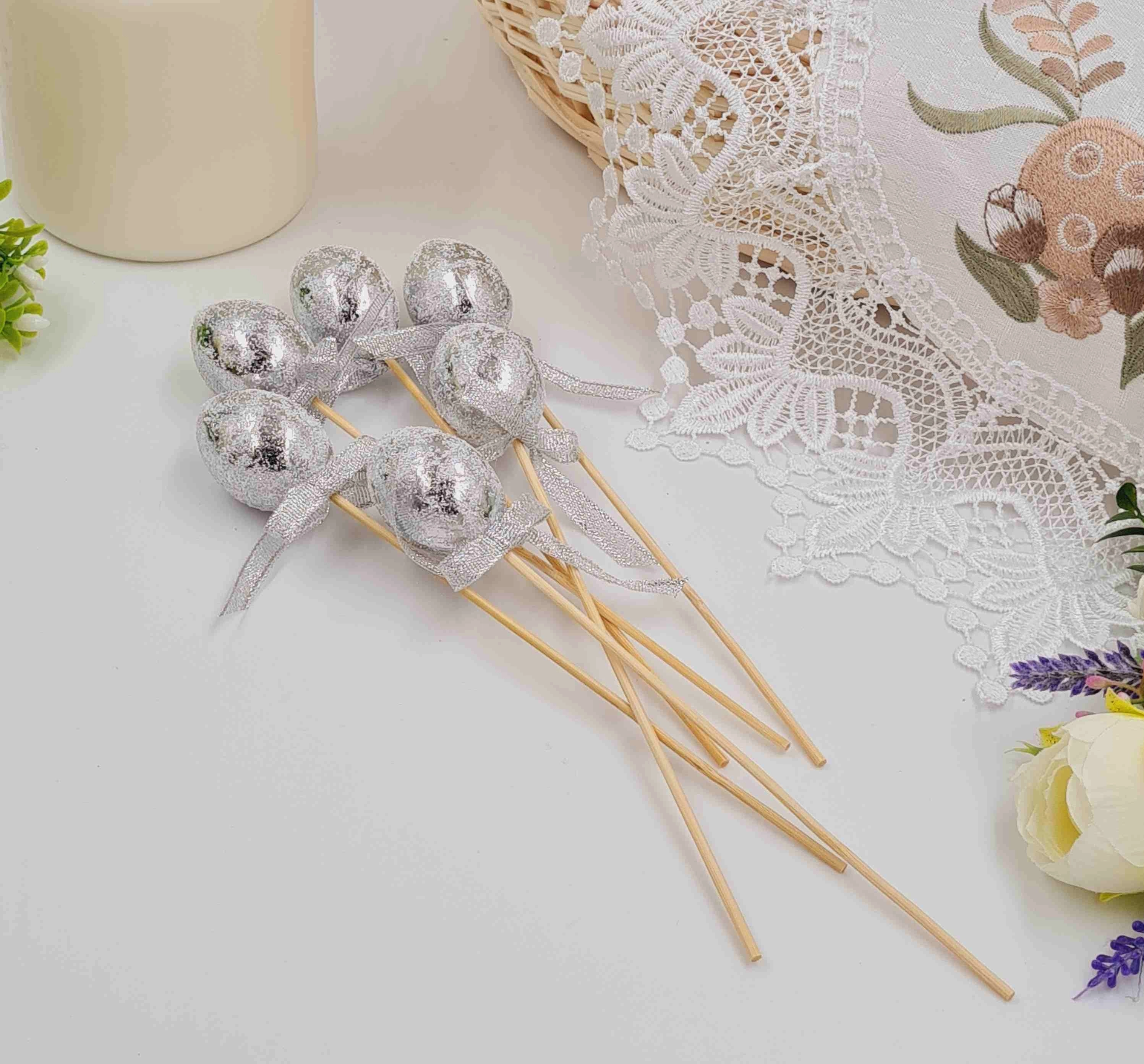 Яйця перепелині Фольговані срібні на шпажці  4х3см  6шт/уп 282075