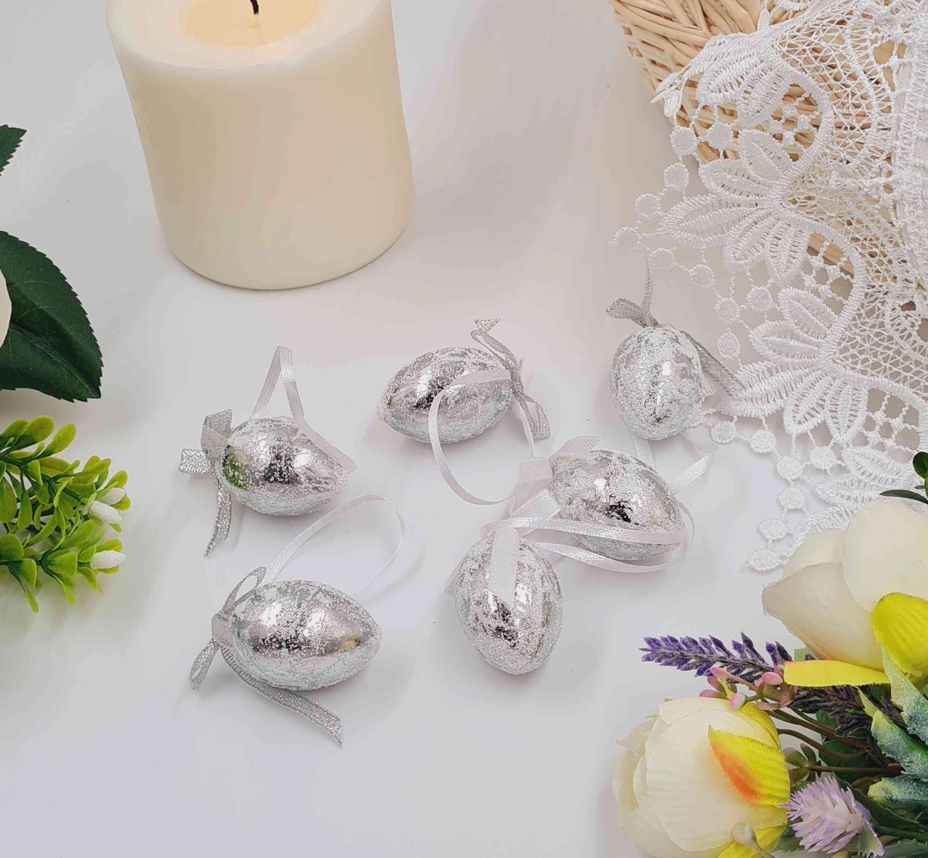 Яйця перепелині Фольговані срібні з бантиком на петельці  4х3см  6шт/уп 282082