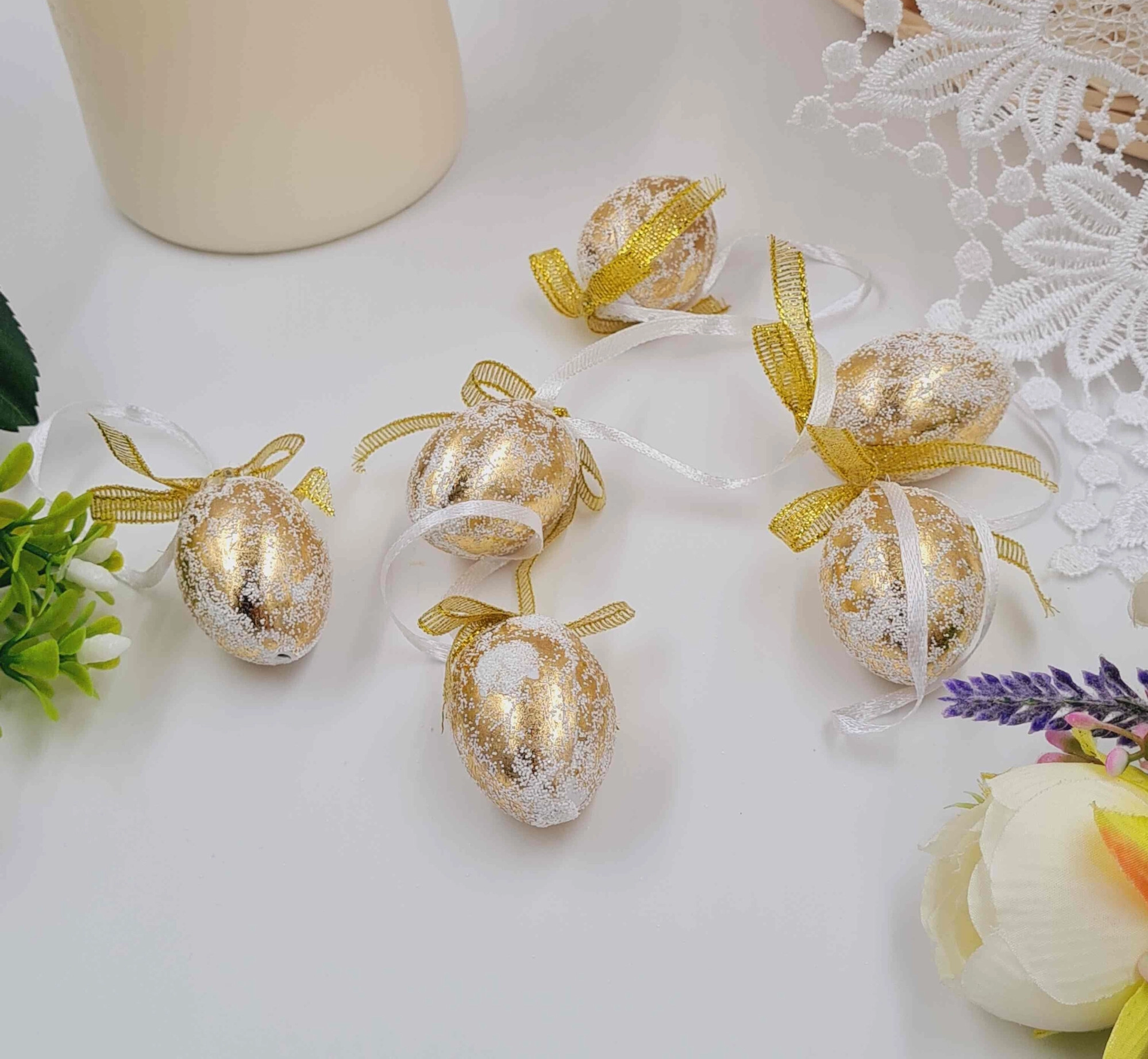 Яйця перепелині Фольговані золоті з бантиком на петельці  4х3см  6шт/уп 282083