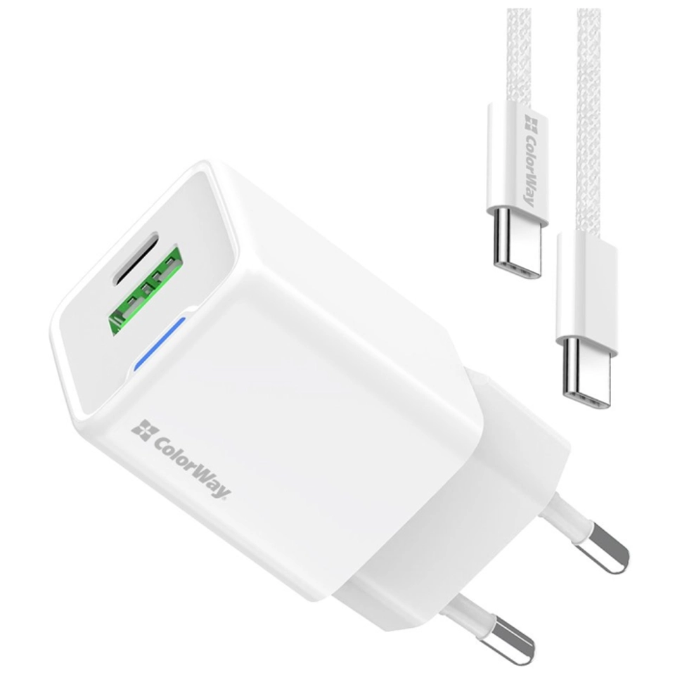 Зарядний пристрій ColorWay C101A GaN Mini 20W PD PPS USB-C + USB-A QC4.0 + cable USB-C to USB-C black (CW-CHS062PDC-WT) — фото 2