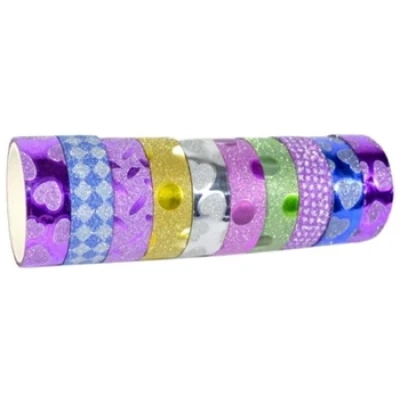 Стрічка клейка декоративна кольорова 10шт/1,5/300см Візерунки блискуча 999-1